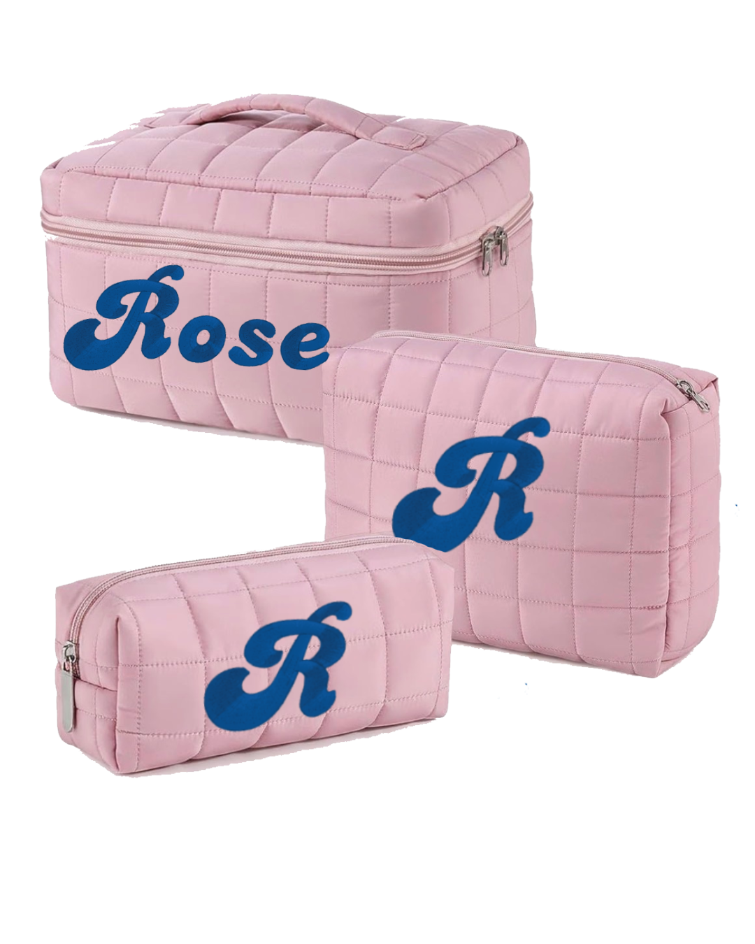 3pcs Set Monogram puffy quilted Pouch Personalized Cosmetic Bag - Image 3